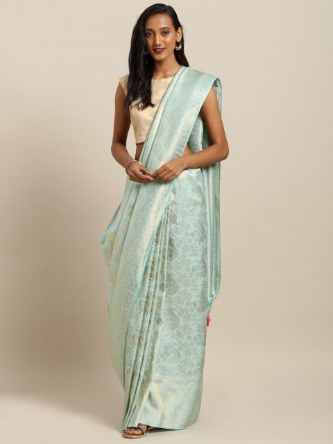 

VASTRANAND Sea Green & Gold-Toned Silk Blend Woven Design Baluchari Saree