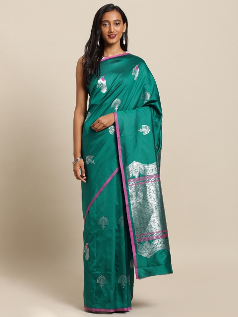 

VASTRANAND Green & Silver-Toned Silk Blend Woven Design Banarasi Saree