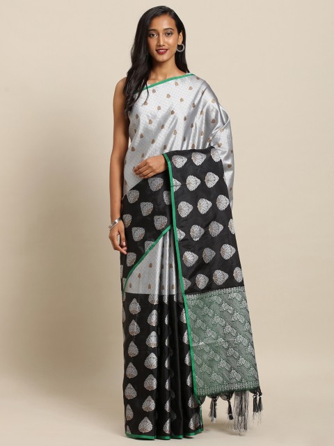 

VASTRANAND Silver-Toned & Black Silk Blend Woven Design Kanjeevaram Saree