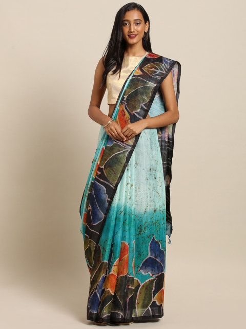 

VASTRANAND Turquoise Blue & Brown Linen Blend Printed Khadi Saree