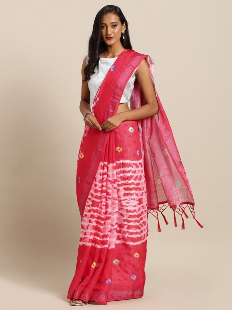 

VASTRANAND Pink & White Linen Blend Printed Bandhani Saree