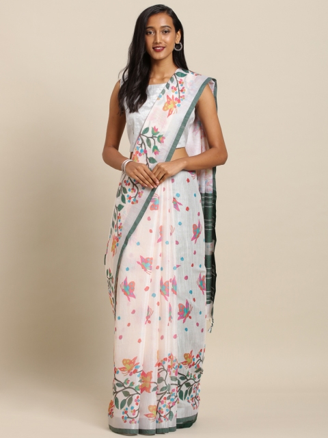 

VASTRANAND White & Green Linen Blend Printed Khadi Saree