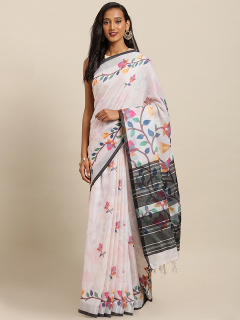 

VASTRANAND White & Pink Linen Blend Printed Khadi Saree