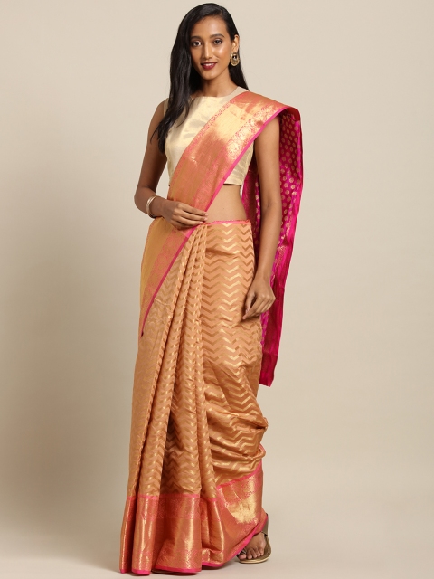 

VASTRANAND Peach-Coloured & Gold-Toned Silk Blend Woven Design Kanjeevaram Saree