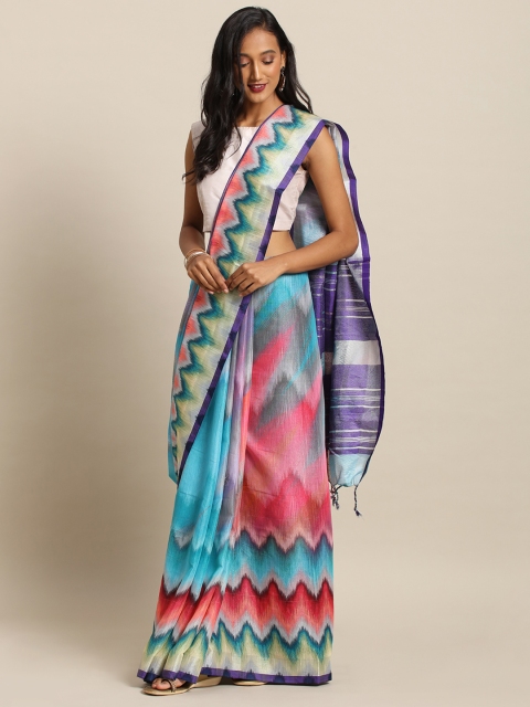 

VASTRANAND Turquoise Blue & Pink Linen Blend Dyed Ikat Saree