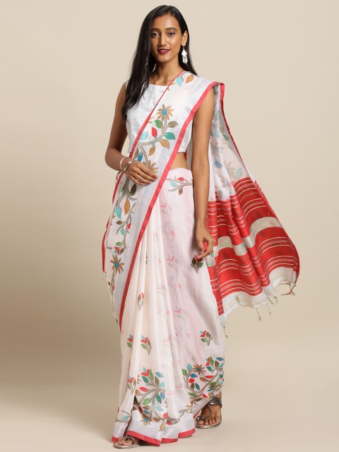 

VASTRANAND White & Red Linen Blend Printed Khadi Saree