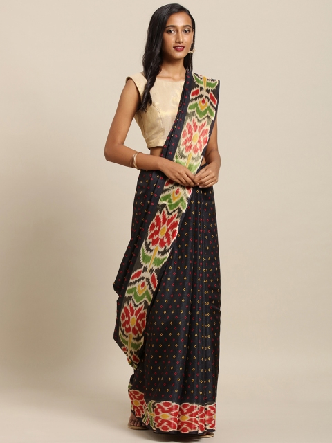 

VASTRANAND Black & Red Linen Blend Printed Chanderi Saree