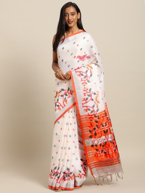 

VASTRANAND White & Orange Linen Blend Printed Khadi Saree