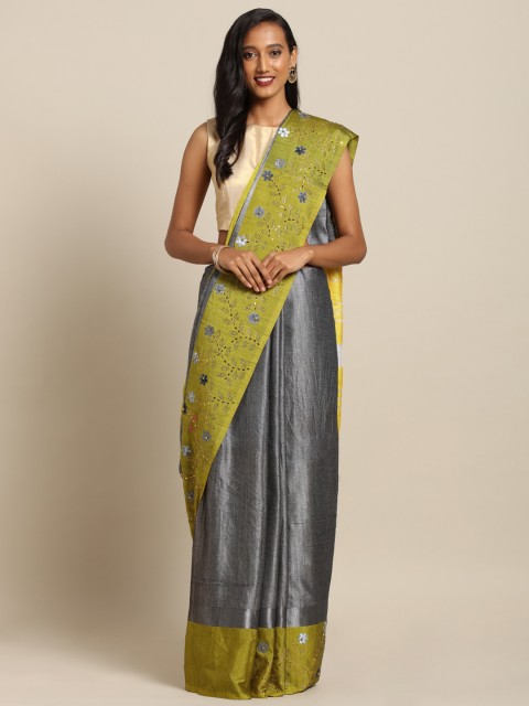 

VASTRANAND Grey & Yellow Linen Blend Solid Khadi Saree