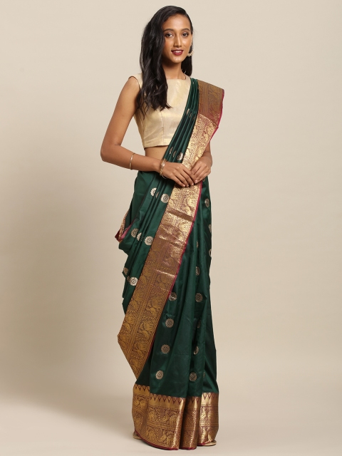 

VASTRANAND Green & Gold-Toned Silk Blend Woven Deisgn Kanjeevaram Saree