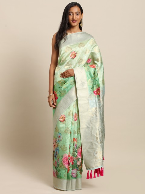 

VASTRANAND Green & Pink Silk Blend Floral Printed Banarasi Saree