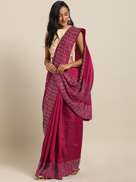 

VASTRANAND Burgundy Solid Poly Silk Embellished Saree