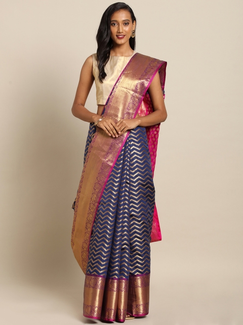 

VASTRANAND Navy Blue & Gold-Toned Silk Blend Woven Design Kanjeevaram Saree