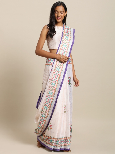 

VASTRANAND Off-White & Purple Linen Blend Printed Khadi Saree