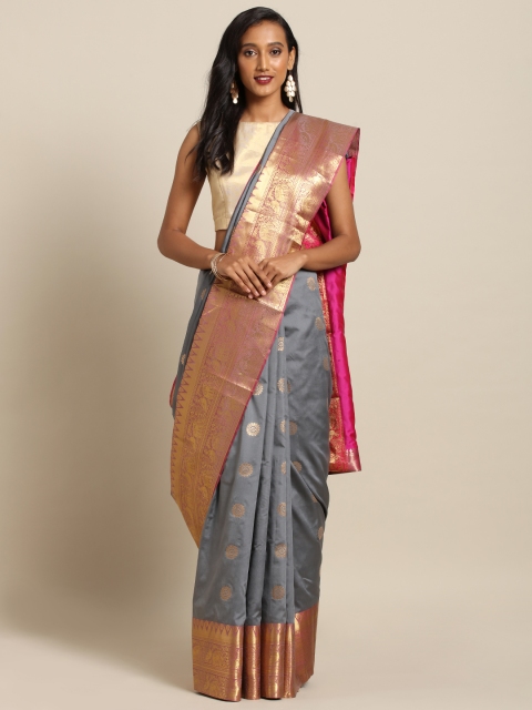 

VASTRANAND Grey & Gold-Toned Silk Blend Woven Design Kanjeevaram Saree