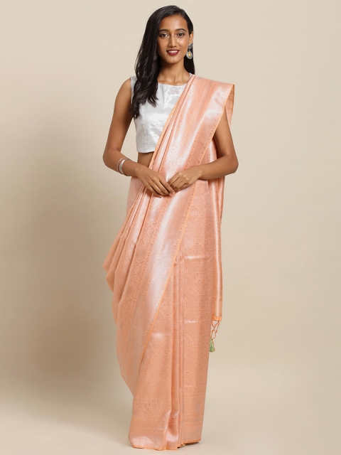 

VASTRANAND Peach-Coloured & Silver-Toned Silk Blend Woven Design Baluchari Saree