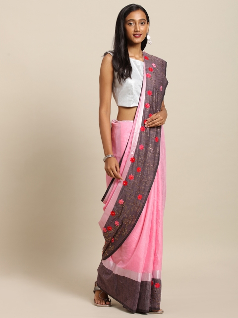 

VASTRANAND Pink & Black Linen Blend Solid Khadi Saree