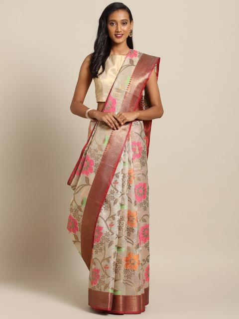 

VASTRANAND Beige & Pink Silk Blend Printed Kanjeevaram Saree