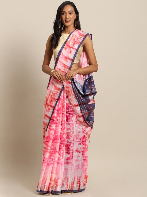 

VASTRANAND Pink & White Linen Blend Dyed Ikat Saree