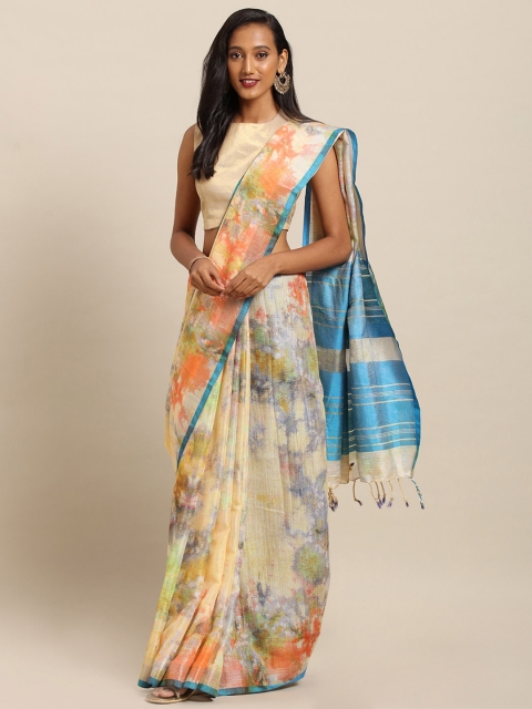 

VASTRANAND Yellow & Orange Linen Blend Printed Saree