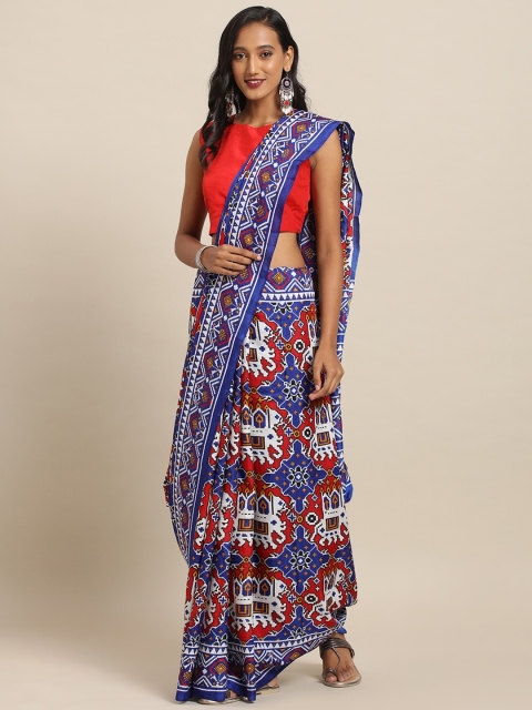 

VASTRANAND Blue & Red Linen Blend Printed Chanderi Saree