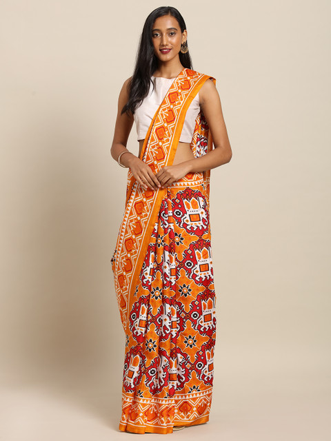 

VASTRANAND Mustard Yellow & Red Linen Blend Patola Printed Chanderi Saree