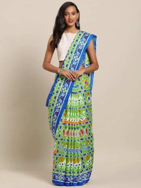 

VASTRANAND Green & Blue Linen Blend Printed Chanderi Saree