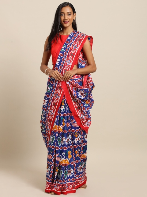 

VASTRANAND Blue & Red Linen Blend Printed Patola Saree
