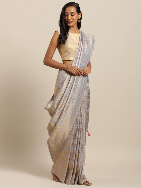 

VASTRANAND Grey Silk Blend Woven Design Baluchari Saree