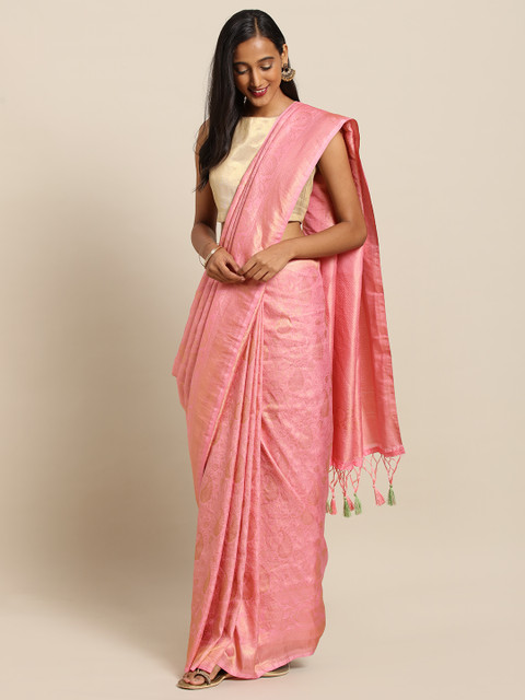

VASTRANAND Pink Silk Blend Woven Design Baluchari Saree