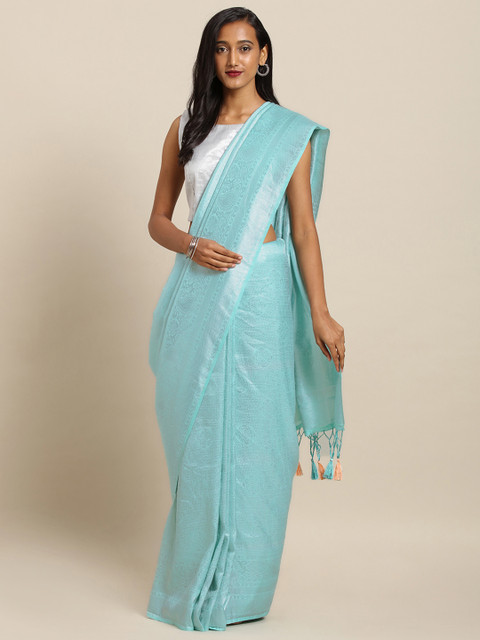 

VASTRANAND Blue & Silver-Toned Silk Blend Woven Design Baluchari Saree