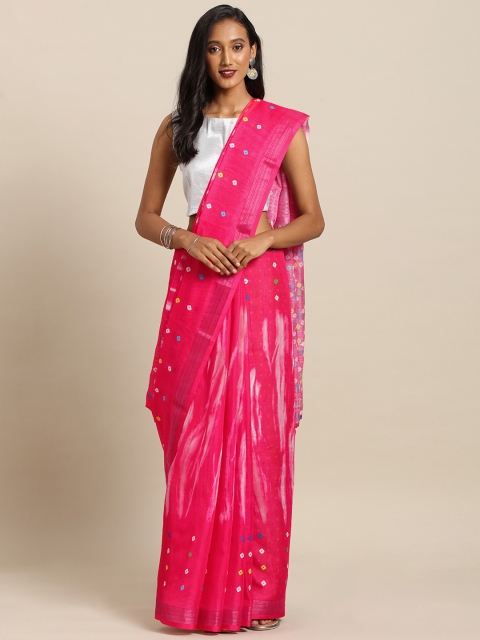 

VASTRANAND Pink & White Linen Blend Ikat Shibori Printed Bandhani Saree