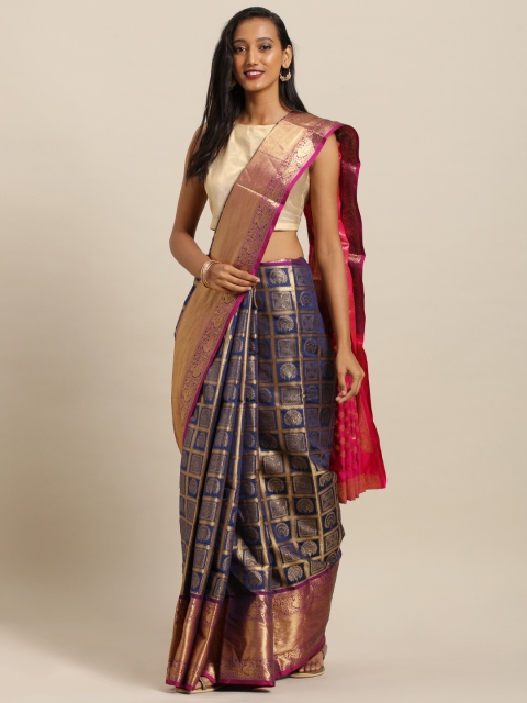 

VASTRANAND Navy Blue & Gold-Toned Silk Blend Woven Design Kanjeevaram Saree