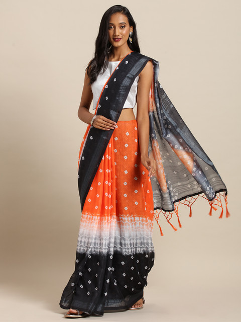 

VASTRANAND Orange & Black Linen Blend Ikat Shibori Printed Bandhani Saree