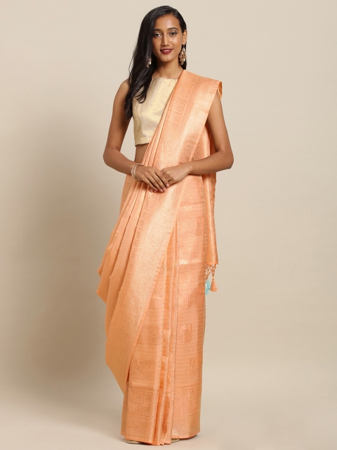 

VASTRANAND Peach-Coloured & Gold-Toned Silk Blend Woven Design Baluchari Saree