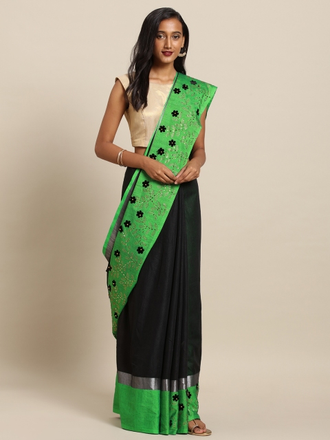

VASTRANAND Black & Green Linen Blend Solid Embellished Border Khadi Saree