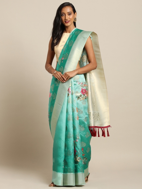 

VASTRANAND Sea Green & Gold-Toned Silk Blend Woven Design Banarasi Saree