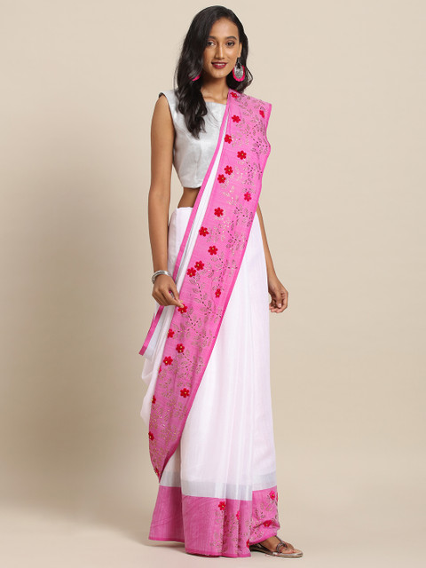 

VASTRANAND White & Pink Linen Blend Solid Embellished Border Khadi Saree