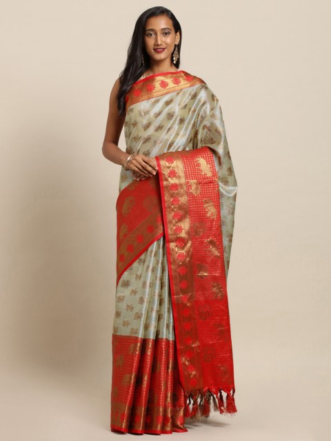 

VASTRANAND Silver-Coloured & Red Silk Blend Woven Design Kanjeevaram Saree