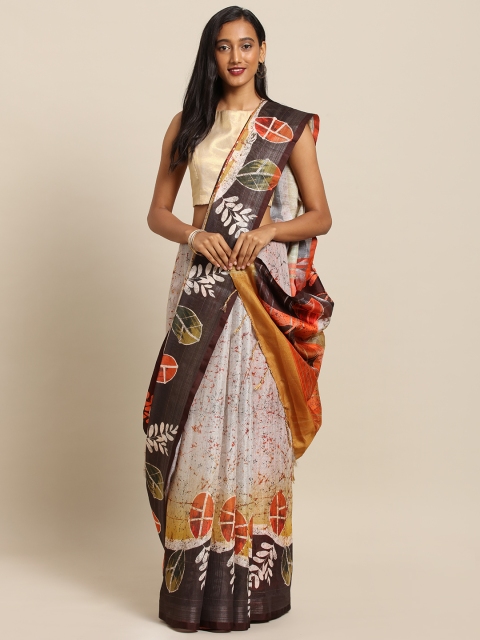 

VASTRANAND Off-White & Orange Linen Blend Abstract Printed Khadi Saree