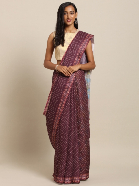 

VASTRANAND Coffee Brown & Beige Linen Blend Printed Bandhani Saree