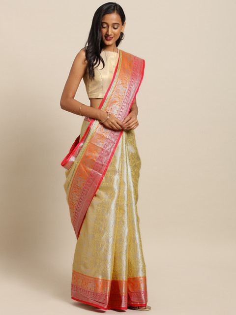 

VASTRANAND Yellow & Silver-Toned Silk Blend Woven Design Kanjeevaram Saree