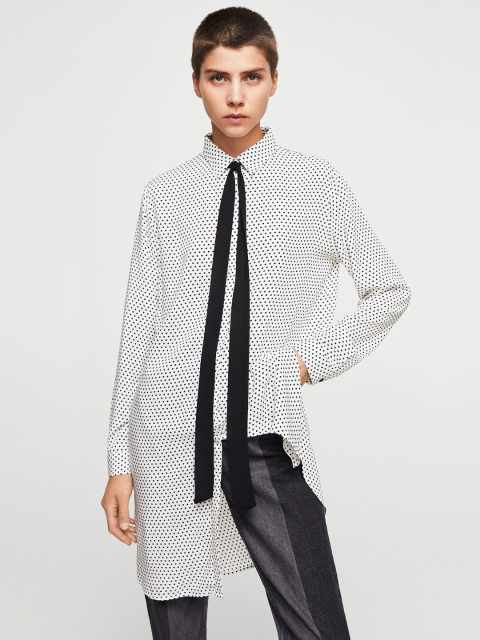 

MANGO Women White & Black Regular Fit Polka Dot Print Casual Longline Shirt