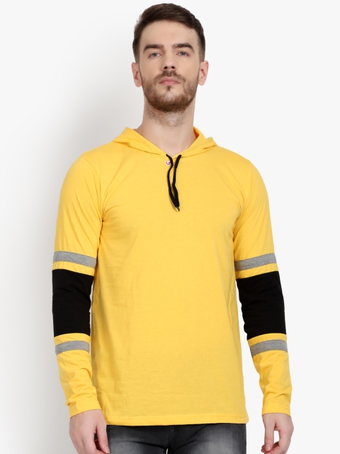

PAUSE SPORT Men Yellow Colourblocked Hooded T-shirt