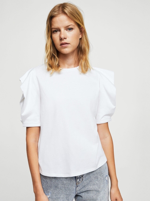 

MANGO Women White Solid Pure Cotton Top With Puff Sleeves