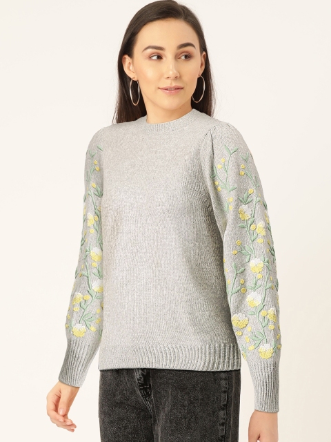 

MANGO Women Grey Solid Pullover Sweater With Embroidered Detail