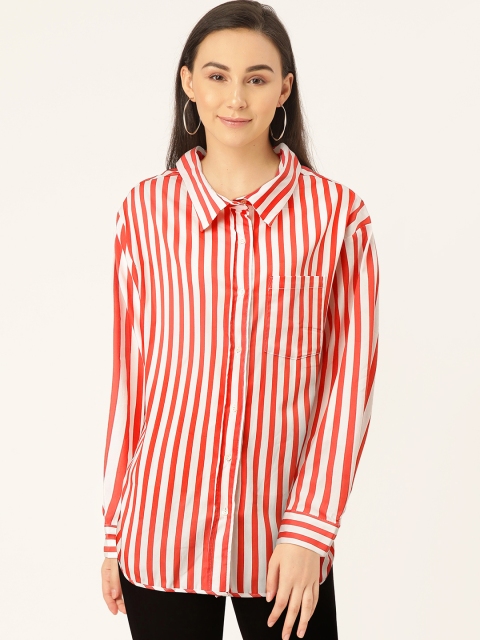 

MANGO Women Red & White Regular Fit Striped Longline Casual Shirt