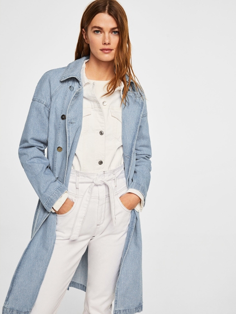 

MANGO Women Blue Washed Pure Cotton Longline Denim Jacket