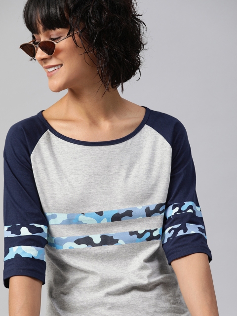 

HERE&NOW Women Grey Melange & Blue Striped Round Neck T-shirt