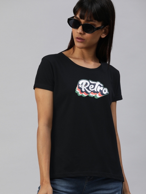 

HERE&NOW Women Black Printed Round Neck T-shirt